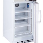 A laboratory refrigerator with a digital display showing 4°C, open to reveal four adjustable wire shelves. The interior is clean and empty, with a small fan at the top back and a white door featuring a large handle. The exterior is entirely white.