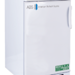 A white laboratory refrigerator by American BioTech Supply ABS with a digital display showing 4.1°C, eco-friendly label, and a single vertical door with a handle on the right side. The fridge has vent slits at the bottom front.