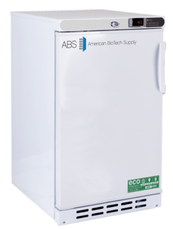 A 2.5 cu. ft. built-in undercounter controlled room temperature cabinet by American BioTech Supply ABS with a digital display showing 4.1°C, eco-friendly label, and a single vertical left hinged door with a handle on the right side. The fridge has vent slits at the bottom front.