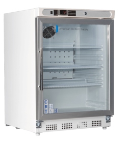 A white laboratory refrigerator with a glass door, digital temperature display, and metal shelves inside. The brand American BioTech Supply and a logo are visible on the door. The fridge has cooling vents at the bottom and control buttons on the top front panel.