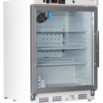 A white medical refrigerator with a glass door, metal handle, and digital temperature display. The interior has three adjustable shelves and is empty. The logo “American BioTech Supply” is visible on the upper right of the door.