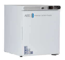 A 1 cu. ft. freestanding white controlled temperature cabinet by American BioTech Supply medical refrigerator with a digital display showing 72, company logo on the door, a side handle, small control panel on top right, CRT and temperature stickers, all standing on short black feet against a plain background.