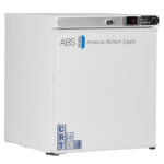 A white medical refrigerator by American BioTech Supply with a digital display showing 72°F, labeled CRT and Room Temperature. The unit has a control panel on top and the ABS logo on the front door.