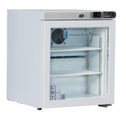 A small, white,1 cu. ft. freestanding controlled room temperature cabinet with glass door front door, digital temperature display showing 72, interior fan, two metal shelves, and American BioTech Supply branding; designed for medical or scientific storage.