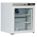 A small, white medical refrigerator with a glass door shows metal shelves and a cooling fan inside. The digital control panel above the door displays “72.” Blue labels on the door read “CRT.” The unit is on black feet and labeled “American BioTech Supply.”