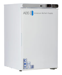 A 2.5 cu. ft. white ABS American BioTech Supply laboratory cabinet with a digital temperature display showing 72°F, labeled “CRT” and “Stability Chamber,” has a vertical handle and scientific supply branding on the front door.