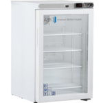 A white, upright medical refrigerator by American BioTech Supply with a glass door, four adjustable wire shelves, digital temperature display reading 72°F, and labels including ABS and CRT on the front. The fridge interior is empty.