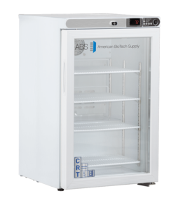 A white, upright medical refrigerator by American BioTech Supply with a glass door, four adjustable wire shelves, digital temperature display reading 72°F, and labels including ABS and CRT on the front. The fridge interior is empty.