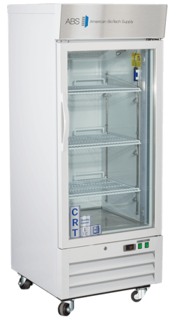 A tall, white laboratory refrigerator with a glass door, metal shelves, digital display, and control buttons at the bottom, standing on four wheels. The label American BioTech Supply is visible on the top front panel.