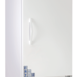 A tall, white laboratory freezer with a stainless steel top panel displaying the American BioTech Supply logo. It has a vertical handle, a digital control panel at the bottom, vents, and caster wheels for mobility.