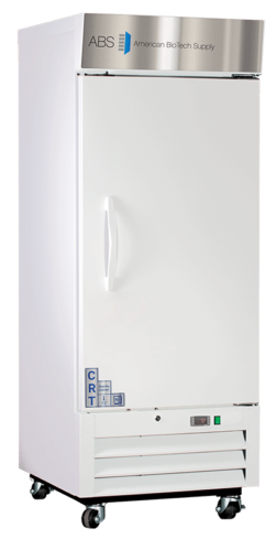 A tall, white laboratory freezer with a stainless steel top panel displaying the American BioTech Supply logo. It has a vertical handle, a digital control panel at the bottom, vents, and caster wheels for mobility.