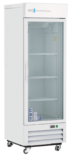 A tall, white medical refrigerator with a glass door, three adjustable interior shelves, ventilation grates at the bottom, and caster wheels. The label reads American BioTech Supply. The fridge is empty and designed for laboratory or clinical use.