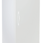 A tall, white, upright laboratory freezer with a single door, a curved handle, digital controls at the base, small casters for mobility, and a silver top panel labeled “ABS American BioTech Supply.” Blue labels and small venting are visible at the bottom front.