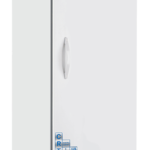 A tall, white, single-door laboratory refrigerator with a vertical handle, digital control panel, and ventilation grill at the bottom. It stands on four caster wheels and displays the logo “American Biotech Supply” on the top front panel.