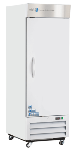 A tall, white,23 cu ft CDC compliant medical refrigerator cabinet single-door laboratory refrigerator with a vertical handle, digital control panel, and ventilation grill at the bottom. It stands on four caster wheels and displays the logo “American Biotech Supply” on the top front panel.