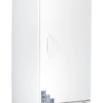 A tall, white laboratory refrigerator with a stainless steel top panel labeled ABS American Biotech Supply. It has a single door with a recessed handle, vents at the bottom, and is mounted on four black caster wheels.