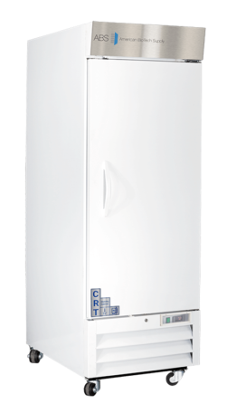 A tall, CDC-compliant upright white, laboratory refrigerator with a stainless steel top panel labeled ABS American Biotech Supply. It has a single door with a recessed handle, vents at the bottom, and is mounted on four black caster wheels.