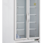 A commercial, white double-door glass-front refrigerator with metal handles, interior shelves, and caster wheels. The top panel displays ABS American Bio-Tech Supply, and vents are at the bottom front for cooling. The interior is empty.