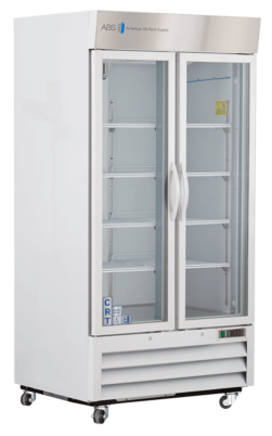 A commercial, white double-door glass-front controlled room temperature unit with metal handles, interior shelves, and caster wheels. The top panel displays ABS American Bio-Tech Supply, and vents are at the bottom front for cooling. The interior is empty.