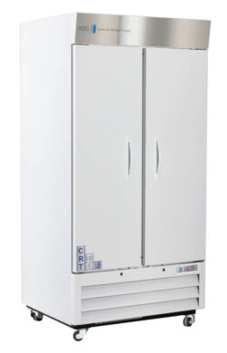 A large, white, solid double-door Controlled room temperature cabinet with a stainless steel top panel, labeled “ABS American Biotech Supply.” It has handles on both doors, vents at the bottom, caster wheels, and control buttons near the base.