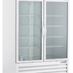 A large, white commercial refrigerator with double glass doors, metal handles, and adjustable shelves inside. The unit is on wheels, has a silver vented grill at the bottom, and displays the American BioTech Supply logo on the stainless steel top panel.