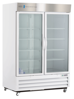 A large, white commercial refrigerator with double glass doors, metal handles, and adjustable shelves inside. The unit is on wheels, has a silver vented grill at the bottom, and displays the American BioTech Supply logo on the stainless steel top panel.