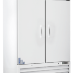 A large, white, double-door laboratory refrigerator with handles, a stainless steel top panel labeled “ABS American BioTech Supply,” vented grille at the bottom, caster wheels, and control panel with indicator lights on the lower right corner.