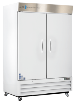 A large, white, double-door laboratory refrigerator with handles, a stainless steel top panel labeled “ABS American BioTech Supply,” vented grille at the bottom, caster wheels, and control panel with indicator lights on the lower right corner.