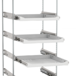 A metal shelving unit with five pull-out trays. Each tray is mounted on side rails for sliding and spaced evenly. The structure is silver and white with an open, minimalist design. The background is plain white, highlighting the shelving unit.