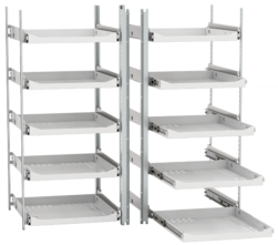 Two sets of tall, metal shelving units with multiple adjustable, pull-out white trays, set against a white background. Each unit has four trays, smoothly sliding out from the frame, designed for organized storage.