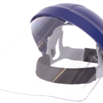 A blue safety face shield with a clear plastic visor and an adjustable black headband. The visor curves downward to protect the face, and the headband has a knob for size adjustment. The background is plain white.