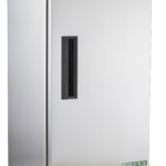 A tall, stainless steel laboratory refrigerator by American BioTech Supply stands on four wheels. It has a single solid door with a vertical black handle, a digital control panel on top, and ventilation grilles near the base. Branding and eco labels are visible.
