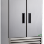 A large, stainless steel, double-door laboratory refrigerator by American BioTech Supply with a digital display on top, black door handles, lower front ventilation, and four caster wheels for mobility. A green ECO FRIDGE label is visible on the bottom right.