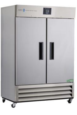 A large, stainless steel, double-door laboratory refrigerator by American BioTech Supply with a digital display on top, black door handles, lower front ventilation, and four caster wheels for mobility. A green ECO FRIDGE label is visible on the bottom right.