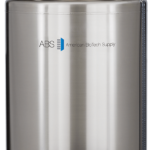 A large, stainless steel liquid nitrogen storage tank with the ABS American BioTech Supply logo on the front, a blue digital display on top, small handles, and wheels at the bottom for mobility. The tank appears industrial and laboratory-grade.