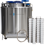 A large cylindrical stainless steel cryogenic storage tank labeled ABS American BioTech Supply stands next to two tall metal storage racks with multiple compartments and a coiled hose in front, all against a white background.