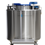 A large, cylindrical stainless steel cryogenic storage tank labeled American BioTech Supply with a digital control panel on top, a step at the base, and wheels for mobility. The tank is designed for storing biological samples at very low temperatures.