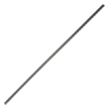 A long metal ruler is shown diagonally on a white background. The ruler features evenly spaced measurement markings and numbers along its length, indicating both centimeters and millimeters. The surface is reflective and slightly shiny.