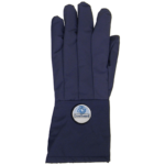 A blue glove with a logo on it