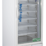 A Premier Pharmacy Glass Door Refrigerator with a digital temperature display and “Med Fridge” label features adjustable wire shelves, a stainless-steel top, eco label near the bottom, and stands on four wheels for easy mobility.