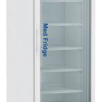 A tall, white 16 cu. ft. pharmacy glass door refrigerator with five empty wire shelves, a digital control panel at the top, and wheels at the base. The door features the words Med Fridge and eco-friendly labels near the bottom.