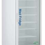 A tall, white Pharmacy Glass Door Refrigerator with a metal handle, digital display, and temperature panel on top. Several empty shelves line the upright glass door fridge, labeled “Med Fridge” in blue text and set on casters for easy movement.