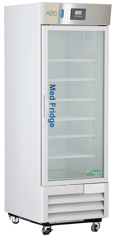 A tall, white Pharmacy Glass Door Refrigerator with a metal handle, digital display, and temperature panel on top. Several empty shelves line the upright glass door fridge, labeled “Med Fridge” in blue text and set on casters for easy movement.