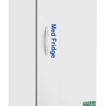 A tall, white pharmacy refrigerator labeled “Med Fridge” with a digital control panel on top, a single door with handle, ventilation grilles at the bottom, and wheels for mobility. Branding reads “American BioTech Supply” at the top left.