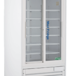 A tall, white 33 cu ft sliding glass door pharmacy refrigerator, metal shelves inside, digital temperature display on top, “Med Fridge” label on the door, and wheels at the base for mobility. The exterior is clean and modern.