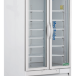 A tall, white, 36 cu ft pharmacy refrigerator with two glass doors, labeled MedFridge. It has shelves inside, temperature display on top, and is on wheels. The interior is empty and clean, designed for storing medical supplies or vaccines.