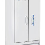 A tall, white, 36 cu ft solid double door pharmacy refrigerator on wheels labeled “Med Fridge.” It has a digital display panel on top and ventilation grilles at the bottom. The logo “ABS American BioTech Supply” is visible on the upper left door.