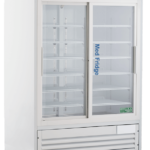 A white, commercial 47 cu ft pharmacy refrigerator with glass sliding doors, metal shelves, digital temperature display, and wheels. The front displays Medi Fridge in blue text and an Eco-Friendly label on the bottom right door.