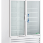 A large, white, double-door medical refrigerator with glass doors, adjustable wire shelves, ABS and American BioTech Supply logos, temperature display panel, MedFridge text on the right door, ventilation grill at the bottom, and wheels for mobility.