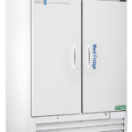 A large, white, 49 cu ft solid door pharmacy refrigerator labeled Med Fridge stands on caster wheels. The top displays a digital control panel, and the lower front has vents. The brand ABS American BioTech Supply is printed on the upper left.